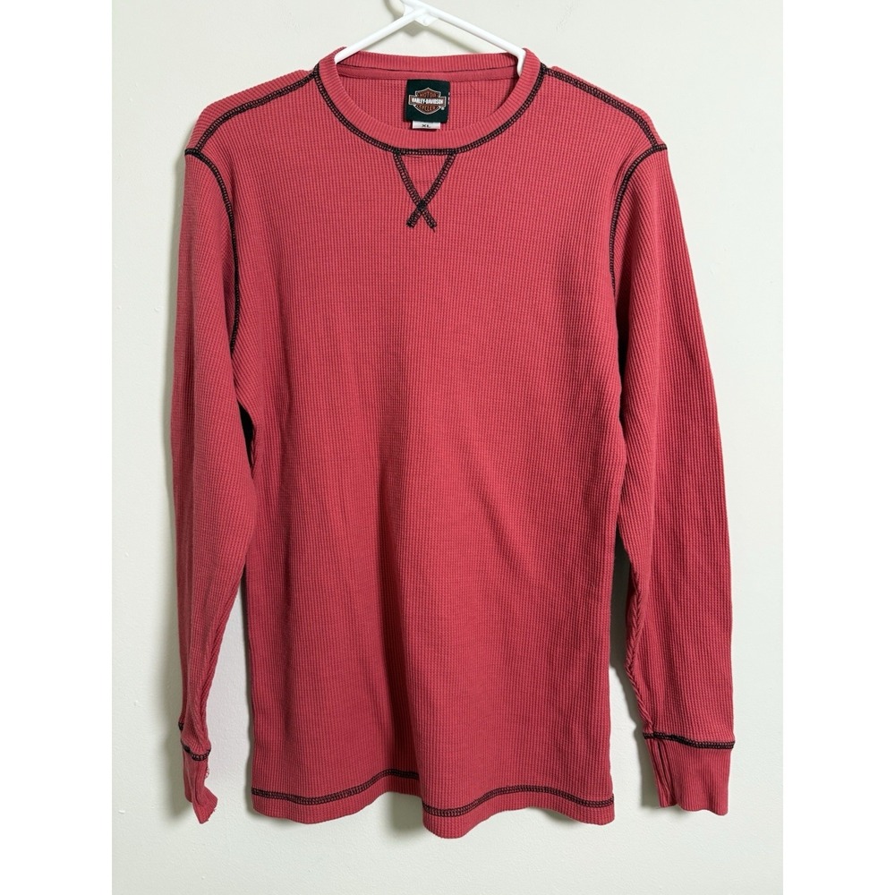 Two Harley Davidson Waffle‎ Knit Shirts Mens Sz XL Solid Red Biking Layering - Picture 3 of 11